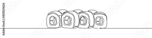 Continuous one line drawing of a group of sushi rolls. Concept of Japanese cuisine and asian food