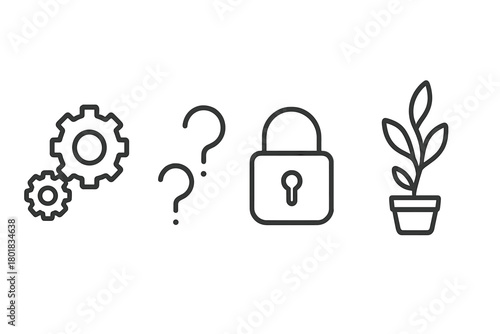 Minimalist line icons featuring gears, question marks, security lock, and potted plant