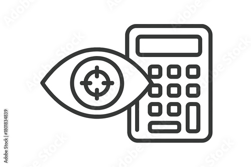 Focused eye symbol overlaid on a calculator representing financial analysis and accounting accuracy