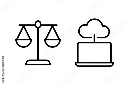 Justice scale and cloud computing icons for legal technology and digital balance