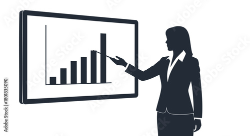 Businesswoman silhouette pointing at a growing bar chart on a digital whiteboard presentation