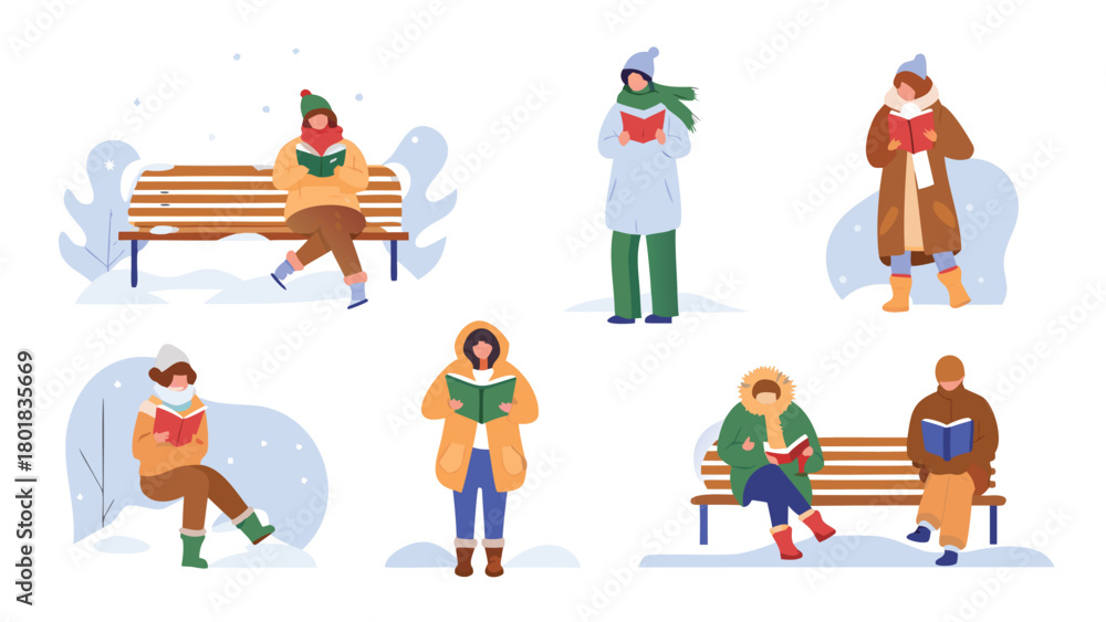 Naklejka premium Joyful winter scene with people relaxing and reading books on a snow covered park bench perfect for holiday promotions and seasonal advertising