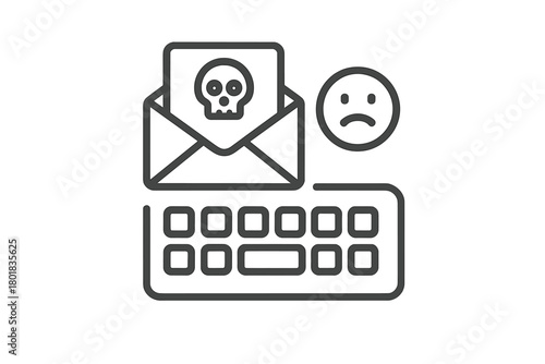 Malicious email message with skull symbol and sad face above computer keyboard