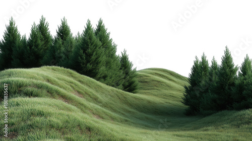 Fototapeta Naklejka Na Ścianę i Meble -  landscape with green grass hills and trees with sky isolated on white or transparent png grass, vale, green, panorama, landscape, view, panoramic