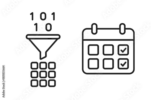 Data filtering process with binary code funnel and calendar scheduling
