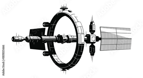 Futuristic space station with rotating ring and modular habitat in a science fiction illustration