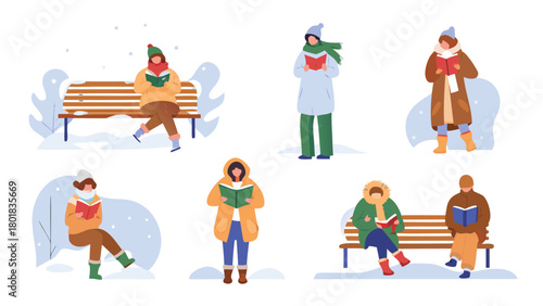 Joyful winter scene with people relaxing and reading books on a snow covered park bench perfect for holiday promotions and seasonal advertising