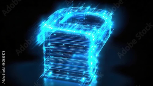 Glowing blue letter "P" constructed of lines, sparks, and light in a dark background