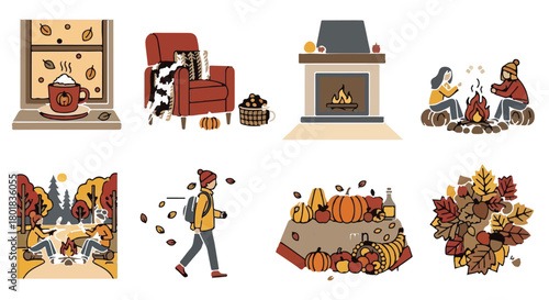Collection of cozy autumn and fall activity vector illustrations for seasonal marketing and design. isolated on Transparent Background