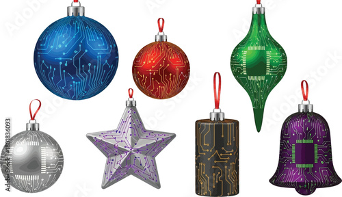 Christmas ornaments with circuit board pattern