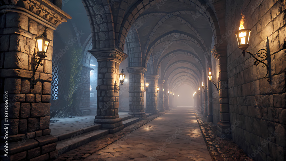 Obraz premium Medieval Stone Hallway Corridor — Game Asset Background, DnD inspired for scene background