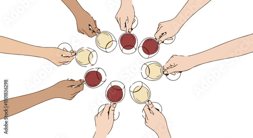 Diverse hands toasting with red and white wine glasses viewed from above isolated on Transparent Background