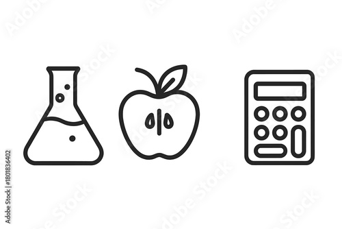Line icons representing education, science, and mathematics concepts including a flask and calculator