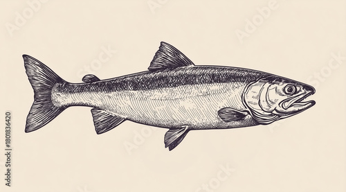 Fish sketch salmon trout. Vintage retro print, black white salmon trout fish sketch ink pencil style drawing, linear drawing, engrave old school. Sketch artwork salmon trout fish. Illustration