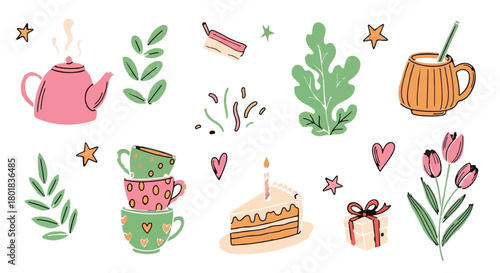 Cute hand drawn illustration set of tea party, birthday celebration, and holiday decorative doodle elements. isolated on Transparent Background