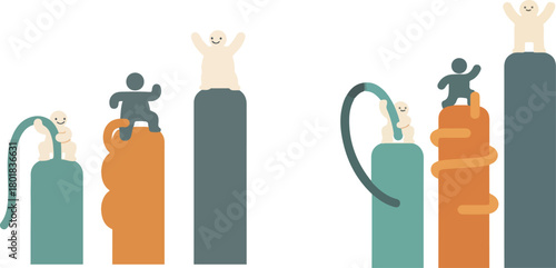 Bar Graph Characters Climbing Their Own Bars Flat Vector Illustration