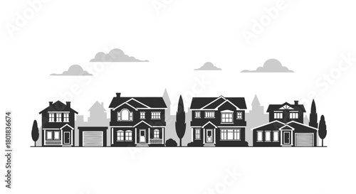 Row of diverse suburban houses with garages and trees under a cloudy sky in black and white silhouette