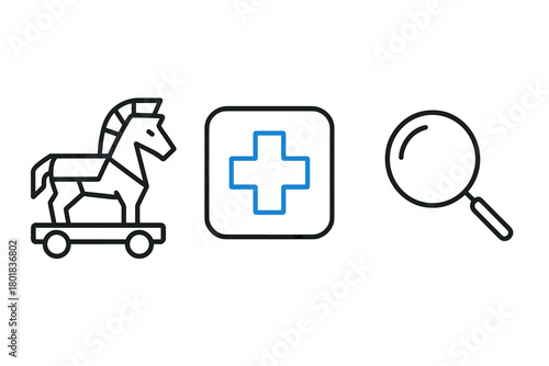 Outline icons for cybersecurity, including Trojan horse malware, system protection, and security scan
