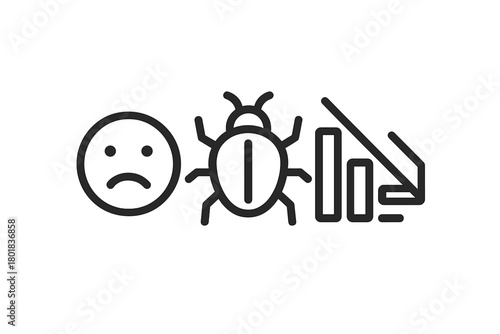 Sad face emoji, computer bug icon, and declining bar chart representing system failure or poor performance