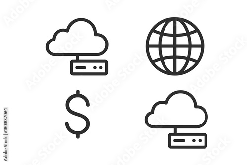 Essential line icons set for cloud computing, global network, and financial services