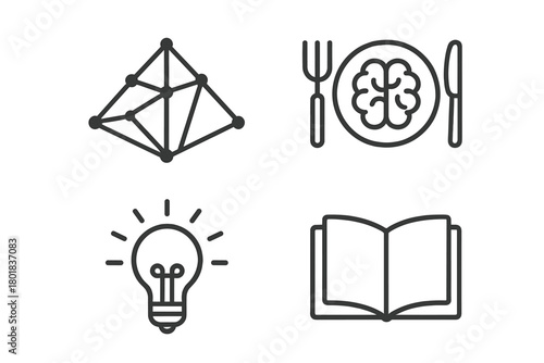 Set of four conceptual symbols representing learning, knowledge, inspiration, and mental development