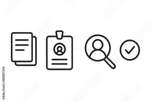 Minimalist black and white set of documents, ID badge, candidate search, and successful verification