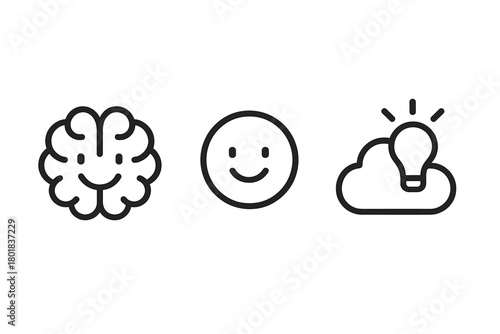 Conceptual symbols showing cognitive processes, happiness, and innovative ideas