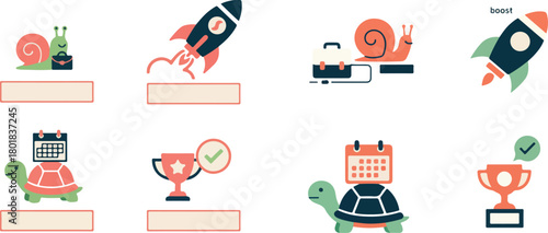 Productivity Joke Icons Snail Rocket Turtle Trophy Flat Vector Illustration