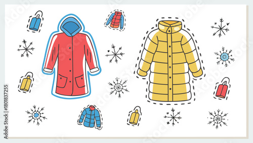 A cheerful winter scene featuring diverse individuals wearing stylish puffy jackets and long coats perfect for seasonal fashion and lifestyle designs
