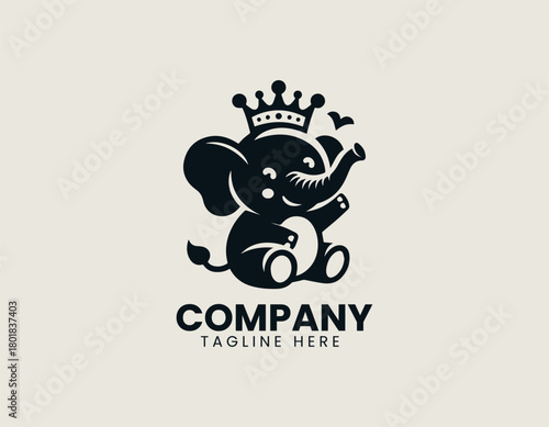 Happy baby king elephant smiles proudly creating charming black vector logo