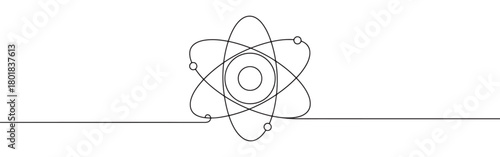 Continuous one line drawing of an atom model with electrons orbiting the nucleus. Concept of science and physics