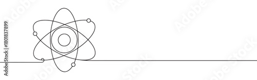 Continuous one line drawing of an atom model with electrons orbiting the nucleus. Concept of science and physics