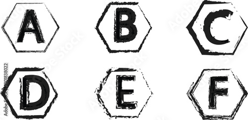 Abstract Grunge Hexagon Alphabet Icons and Hand Drawn Star Cross Symbol Collection