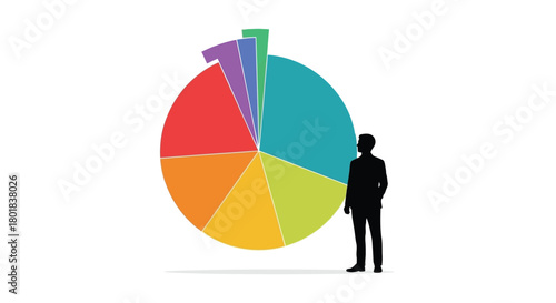 Silhouette of a man standing next to a large colorful pie chart representing data and statistics
