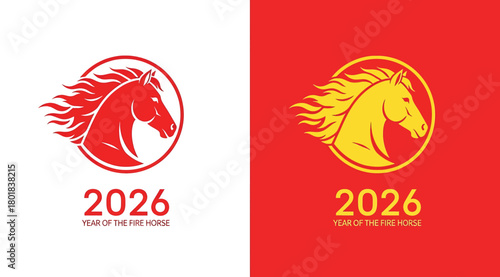 Stylized Year of the Horse 2026 Chinese Zodiac vector design featuring dual horse heads in circular frames, red and white backgrounds, festive contrast, and traditional celebratory symbolism