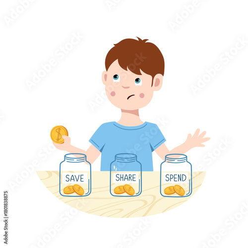 Vector illustration of a thoughtful boy holding a coin and deciding where to put it. Money management and budgeting concept for kids.