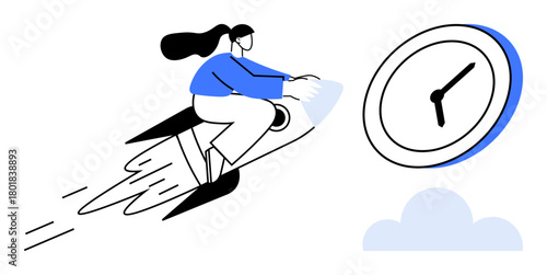 Woman riding a rocket with a large clock symbolizing urgency and productivity. Ideal for time management, deadlines, success, goal achievement, motivation, efficiency, fast action. A simple flat