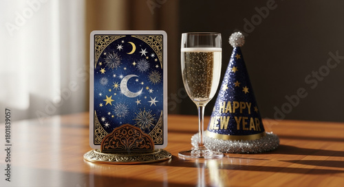 New Year cartomancy playing card, festive hat, champagne glass. single ornate playing card standing upright in brass holder on wooden desk. Small champagne glass and New Year party hat beside it. 