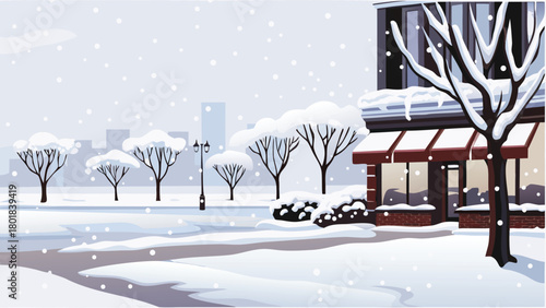 A vibrant winter cityscape illustration featuring snow covered skyscrapers with warm lights glowing from windows evoking a cozy and festive atmosphere during the holiday season