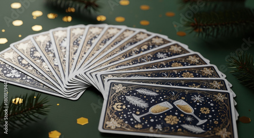 deck of artistic prediction cards fanned out on dark green surface. Gold confetti pieces and small evergreen sprigs rest on the cards. New Year cartomancy playing card spread, festive gold design