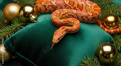 corn snake with bright orange patterns resting on green velvet cushion. Christmas corn snake on green cushion, orange pattern, festive decor
