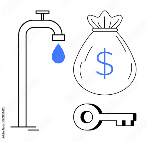 Faucet dripping water, dollar-marked money bag, and key as metaphors for resource management, financial growth, access, sustainability, security, decision-making, and wealth a simple flat metaphor
