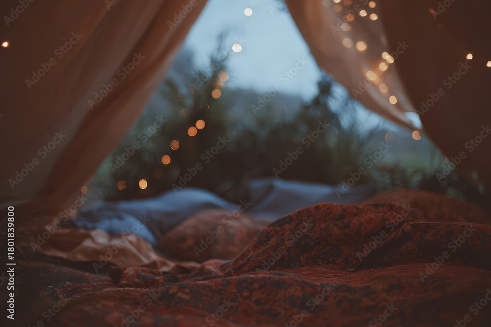 Obraz premium Cozy blanket fort with twinkling bokeh lights creates a magical atmosphere for Christmas storytelling and celebrations