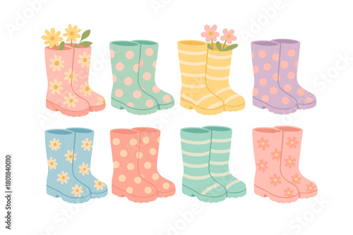 Spring footwear icon set. Flower boots vector set. Colorful rubber boots decorated with flowers and floral patterns. Spring gardening vector illustration.
