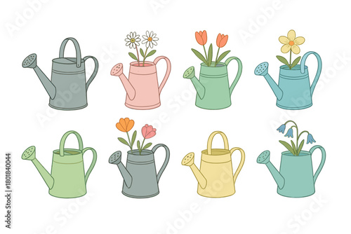Garden tool icon set. Watering can vector set. Decorative watering cans with flowers for spring garden and plant care. Gardening vector illustration.