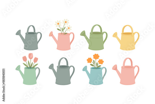 Garden tool icon set. Watering can vector set. Decorative watering cans with flowers for spring garden and plant care. Gardening vector illustration.