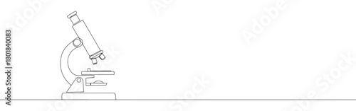 Continuous one line drawing of a scientific microscope. Concept of scientific research, biology, and chemistry