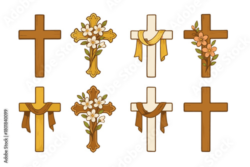 Easter cross icon set. Religious symbol vector set. Easter cross collection with flowers and draped cloth in various styles. Cross vector illustration.