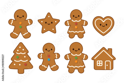 Gingerbread icon set. Gingerbread vector set. Collection of gingerbread cookies in shapes of man, woman, star, heart and house. Design for card, sticker, invitation, poster.