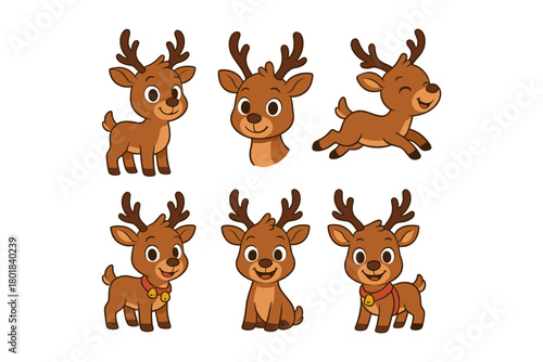Reindeer icon set. Reindeer vector set. Collection of cartoon Christmas reindeer with bells and red noses. Design for card, sticker, banner, invitation, poster.